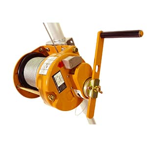 orange winch with steel cable, fitted to a metal pole