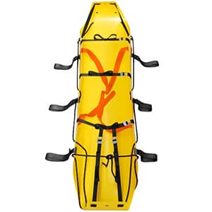 a yellow stretcher with webbing straps